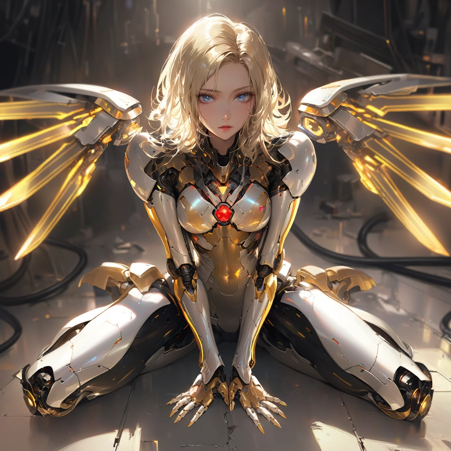 postapocalypse themed concept art, ultra-detailed illustration of blonde haired android woman, beautiful blue eyes, rusted and cracked mechanical armor, mechanical wings that shine like neon signs, broken red core in the center of her chest, She is looking up at me on her knees with a serious expression. in futuristic room surrounded by metal walls, glitch effect, masterpiece, best quality, beautiful illustration, very aesthetic art, perfect anatomy, perfect hand