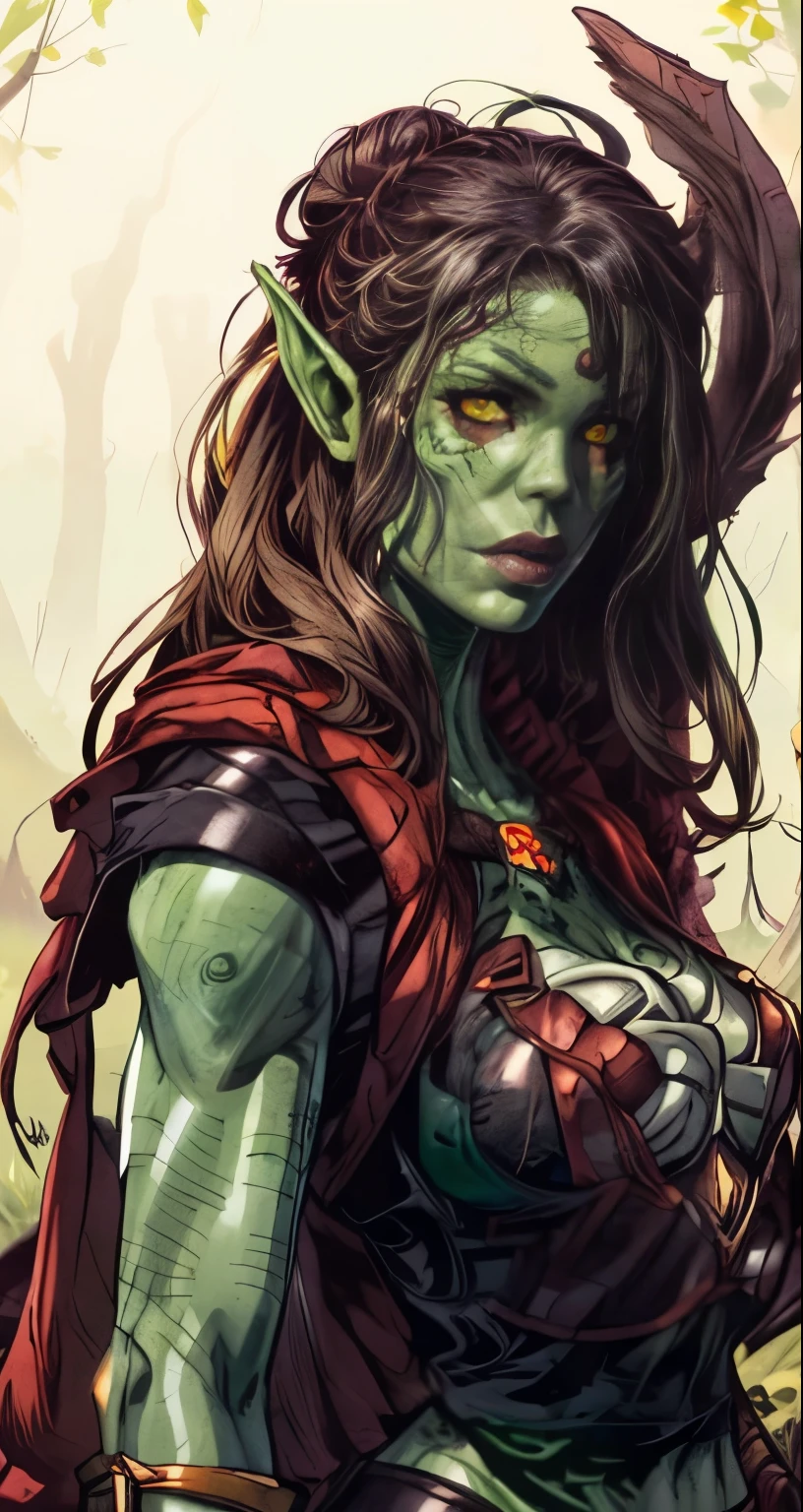 sexy githyanki, (green skin:1.3), black short hair bun, orange eyes, pointy ears, navel, midriff, athletic, standing in the forest, small river,