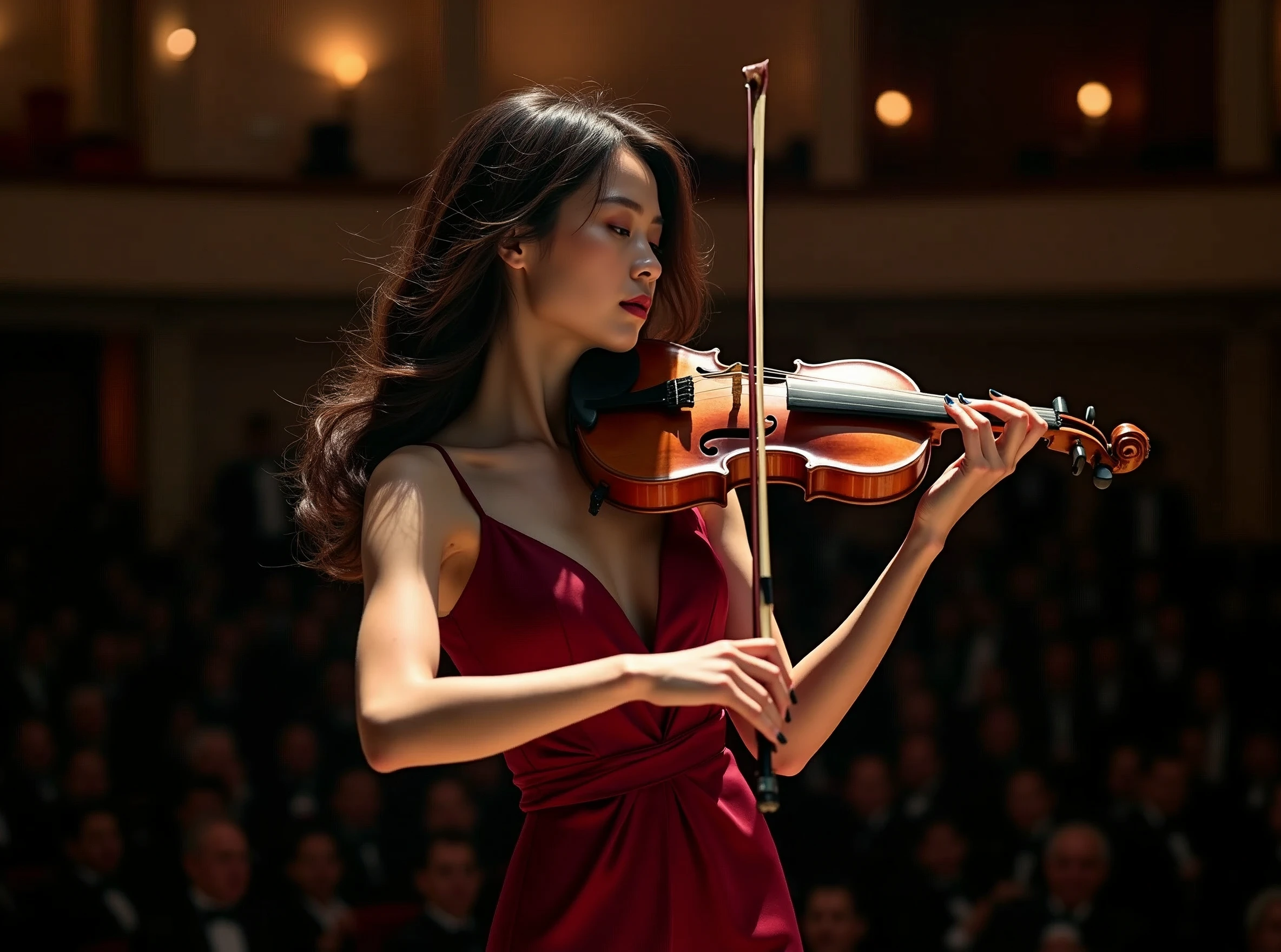 (masterpiece, high resolution, high detail, best quality), ultra detailed, 16k, photograph, cinematic lighting, the most beautiful face in the world, perfect face, highly detailed beautiful face and eyes, delicate facial features, shiny skin, highly detailed background, elaborately designed clothes, BREAK, (gorgeous and stunning Japanese woman playing the violin at a concert venue), Stradivarius, (Crimson sleeveless dress), curvy, (Wavy Hair), the incarnation of beauty, goddess of beauty, perfect make-up, light smile, deeply in love, full of elegance.