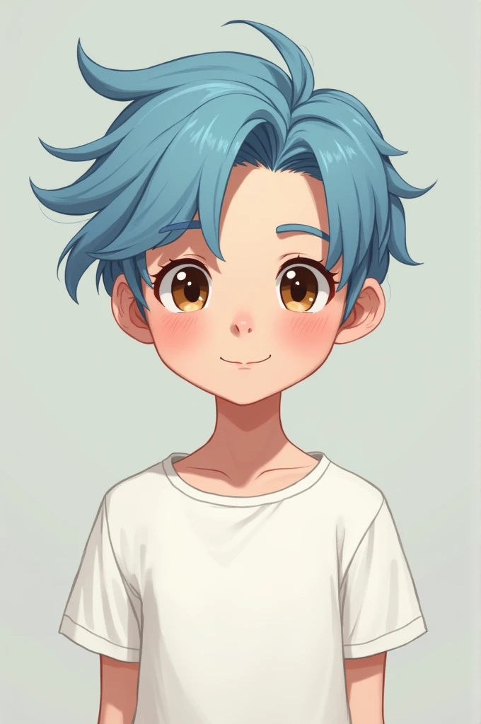 14 year old boy with light blue hair and brown eyes wearing white shirt