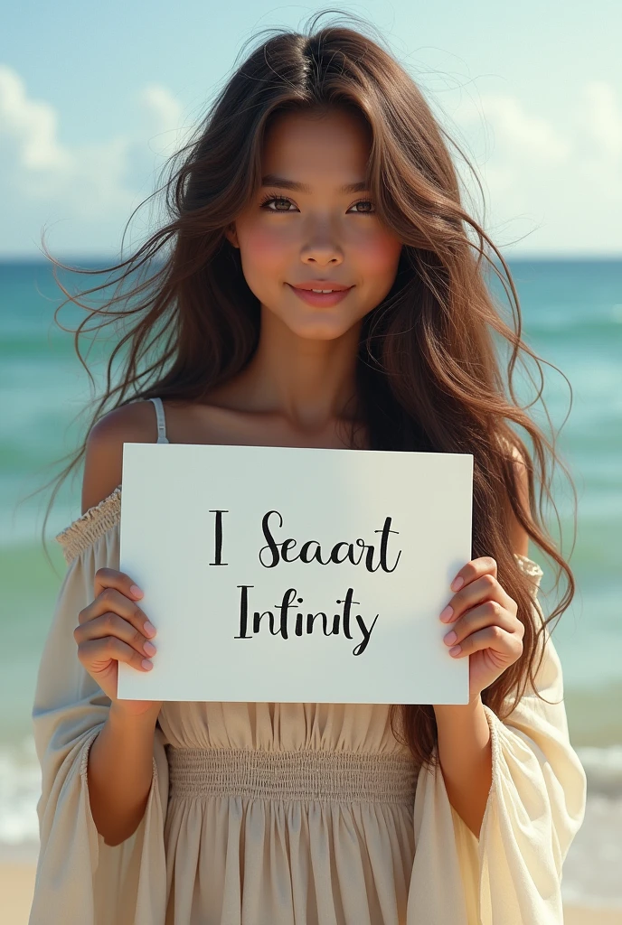 Beautiful girl with wavy long hair, bohemian dress, holding a white board with text "I Love Seaart Infinity" and showing it to the viewer