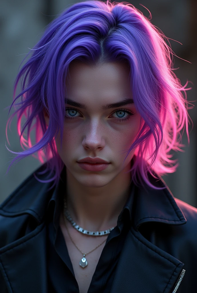 man/boy, purple haired, and has pink strands of hair at the ends of her hair, blue eyes, sexy