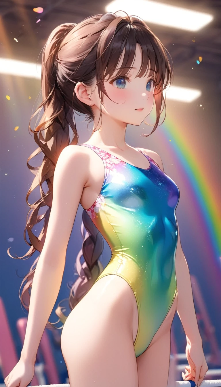 expensivequality illustration, masterpiece, Very delicate and beautiful, Attractive girl,((Gymnastics leotard,tight-fitting leotard,length Leotard with sleeves,length_Leotard with sleeves,expensive_Leg leotard,athletic leotard,Floral leotard,Rainbow gradient leotard)), Audience reaction,thin,Slender body,slim,expensive school,Gym,Gymnastics Club,Beautiful Eyes,(masterpiece, Highest quality:1.2), expensiveres, Very detailed CG ユニティ 8k 壁紙, Perfect lighting, colorful, ultra-expensive res,4K,Very detailed, photograph, 8k, High resolution, 17 years old,Cowboy Shot,