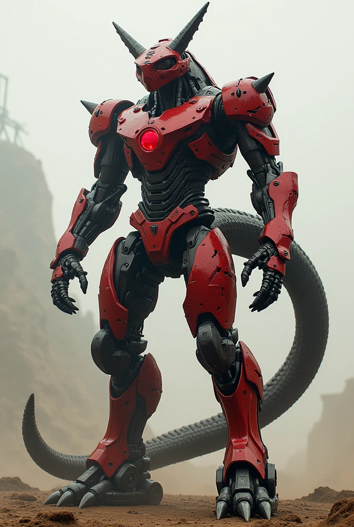 Generates a giant humanoid robot, which has a red core in the chest, be red with black legs and have a long black tail that has 2 horns around the chest and that its head looks like a horn but not the same I WANT HORNS REMEMBER I need horns, horns, horns, and lots of horns and make it a little organic, As if it were a robot fused with a MORE ORGANIC human, take off some of the armor and replace it with organic material, like reptile skin and armor make it lighter remove some armor and change it to reptile skin
