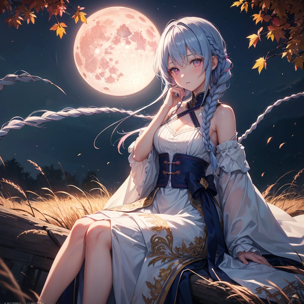 (Braiding),(Sky blue medium hair), (Pink eyes),(Fair skin) ,(whole body),(One Girl),(harvest moon),(A large amount of Miscanthus sinensis in the background),autumn,(full moon),(masterpiece, Highest quality, Very detailed, Best Shadow), (Detailed Background), (Beautifully detailed face), High Contrast, (Best lighting, Very delicate and beautiful), ((Cinematic Light)), Hyper Detail,8k, Dramatic Light, Intricate details
