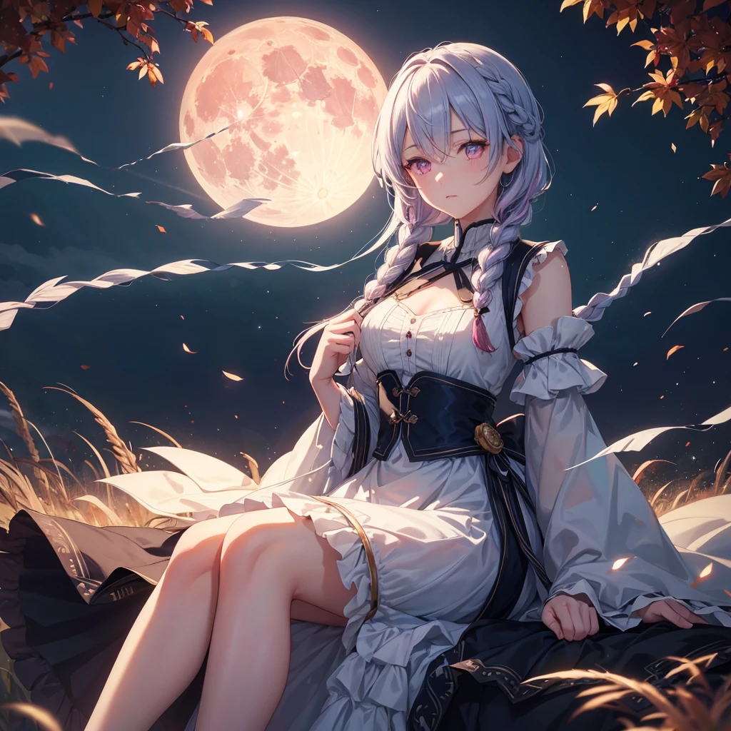 (Braiding),(Sky blue medium hair), (Pink eyes),(Fair skin) ,(whole body),(One Girl),(harvest moon),(A large amount of Miscanthus sinensis in the background),autumn,(full moon),(masterpiece, Highest quality, Very detailed, Best Shadow), (Detailed Background), (Beautifully detailed face), High Contrast, (Best lighting, Very delicate and beautiful), ((Cinematic Light)), Hyper Detail,8k, Dramatic Light, Intricate details