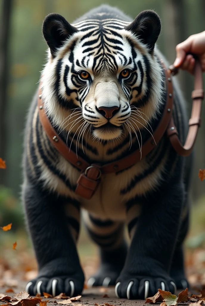 Fictional bear-tiger looking like creature with white-black fur that's being held on a leash 