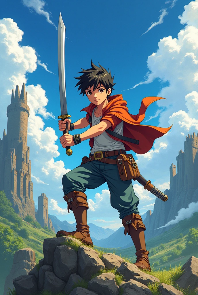 create an anime image of a -adult adventurer with a sword