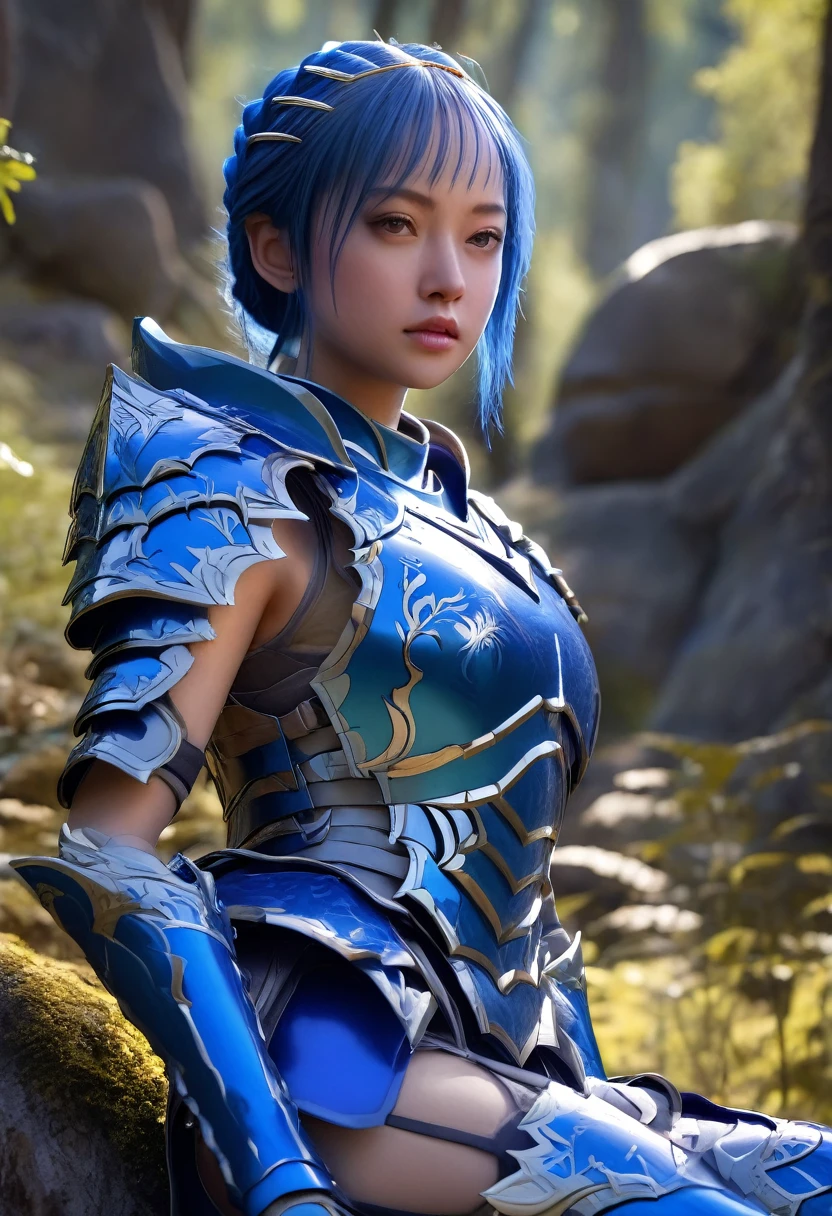 forest,mountain,Sitting,, hxarmour,1girl,(blue armour:1.3),, ultra-detailed,extremely delicate and beautiful,(by exquisite colors block),masterpiece,best quality,unreal engine 5 rendering,movie light,movie lens,movie special effects,detailed details,HDR,UHD,8K,CG wallpaper,