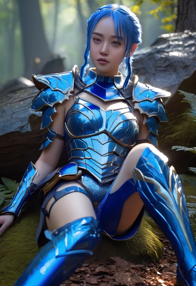 forest,mountain,Sitting,, hxarmour,1girl,(blue armour:1.3),, ultra-detailed,extremely delicate and beautiful,(by exquisite colors block),masterpiece,best quality,unreal engine 5 rendering,movie light,movie lens,movie special effects,detailed details,HDR,UHD,8K,CG wallpaper,
