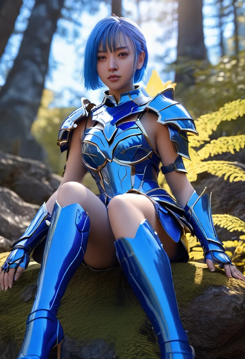 forest,mountain,Sitting,, hxarmour,1girl,(blue armour:1.3),, ultra-detailed,extremely delicate and beautiful,(by exquisite colors block),masterpiece,best quality,unreal engine 5 rendering,movie light,movie lens,movie special effects,detailed details,HDR,UHD,8K,CG wallpaper,