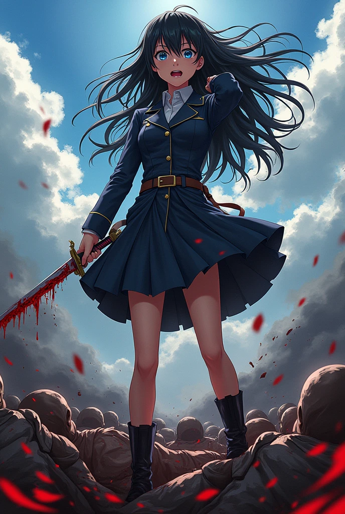 military girl, black hair and blue eyes, anime style, with blood, a sword, with an expression of hatred, surrounded by corpses
