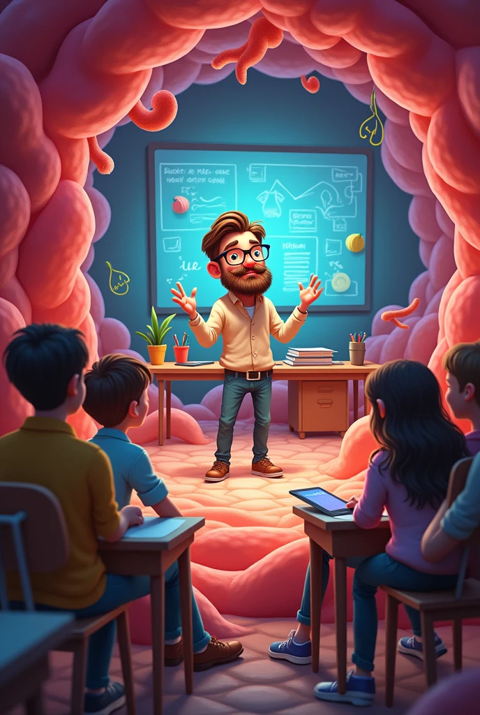 Young bearded teacher teaching students stomach anatomy while being inside the stomach in cartoon