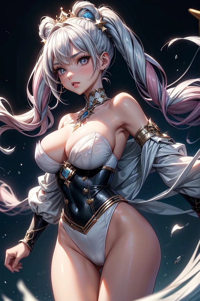 ((best quality)), ((masterpiece)), (detailed), beautiful young woman, royal and well defined facial features, alabaster white skin, oval shaped face, starry pink lips, starry pupiled eyes( 8 pointed star pupils), sleek and wavy two tone astral colored hair(moonlight blue, silver), twintails, slim thick, athletic build, D-cup breasts, slim waist, large round ass, short height(165cm), modern royal fantasy setting, elegant battle dress