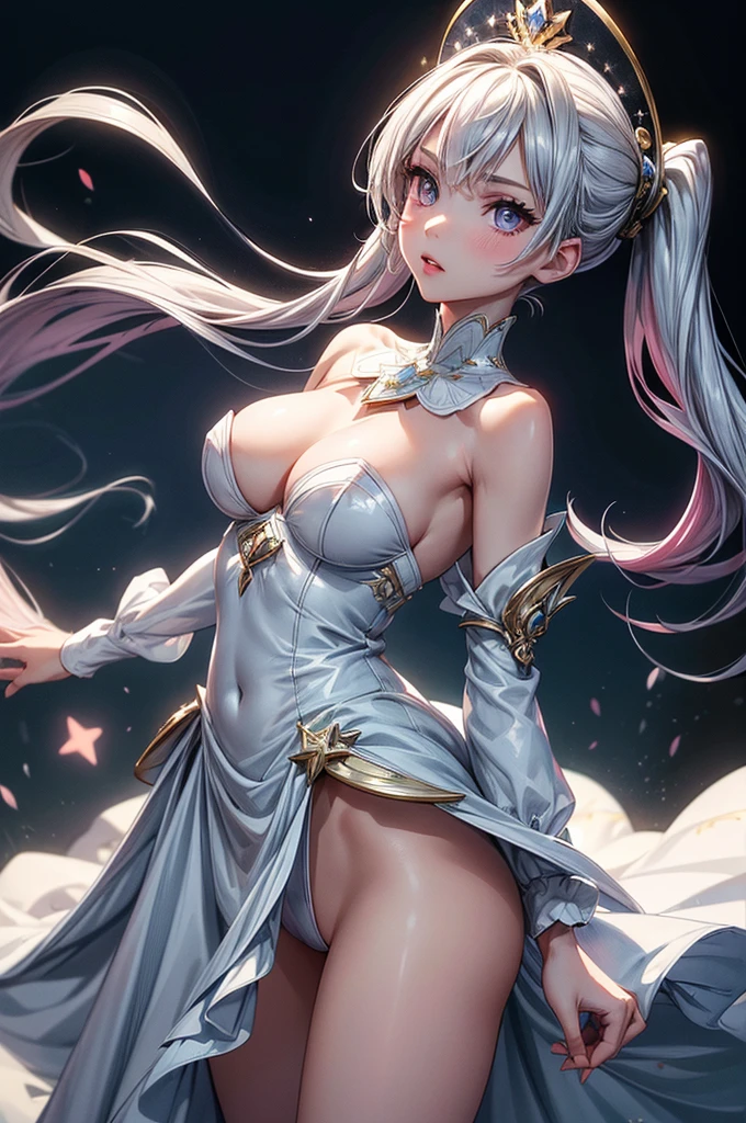 ((best quality)), ((masterpiece)), (detailed), beautiful young woman, royal and well defined facial features, alabaster white skin, oval shaped face, starry pink lips, starry pupiled eyes( 8 pointed star pupils), sleek and wavy two tone astral colored hair(moonlight blue, silver), twintails, slim thick, athletic build, D-cup breasts, slim waist, large round ass, short height(165cm), modern royal fantasy setting, elegant battle dress