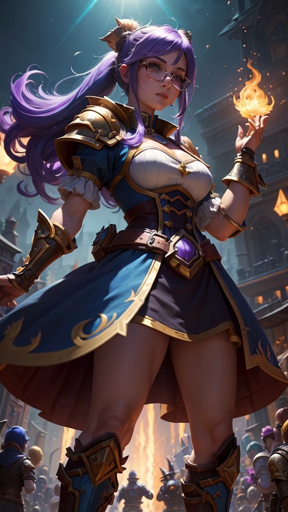 ((best quality)) , ((masterpiece)) , (detailed),A world of warcraft character in the style of hearthstone card art, standing on top of his crowd with one hand raised up to give an extreme high five. He is wearing white and blue armor with purple glowing details. His hair has two long pigtails that have different colors like orange or violet, and he wears magical golden glasses. The background shows him performing magic in front of cheering crowds at night time. In the artistic style of Modern Art. It's a vibrant and colorful illustration.