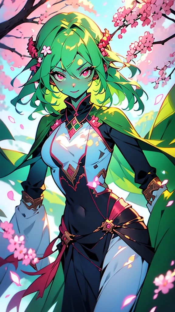 anime style, green skin plant girl, green skin, pink hair, leaves visible on the body, beautiful character, red eyes, captivating smile, dressed in a cleric outfit.