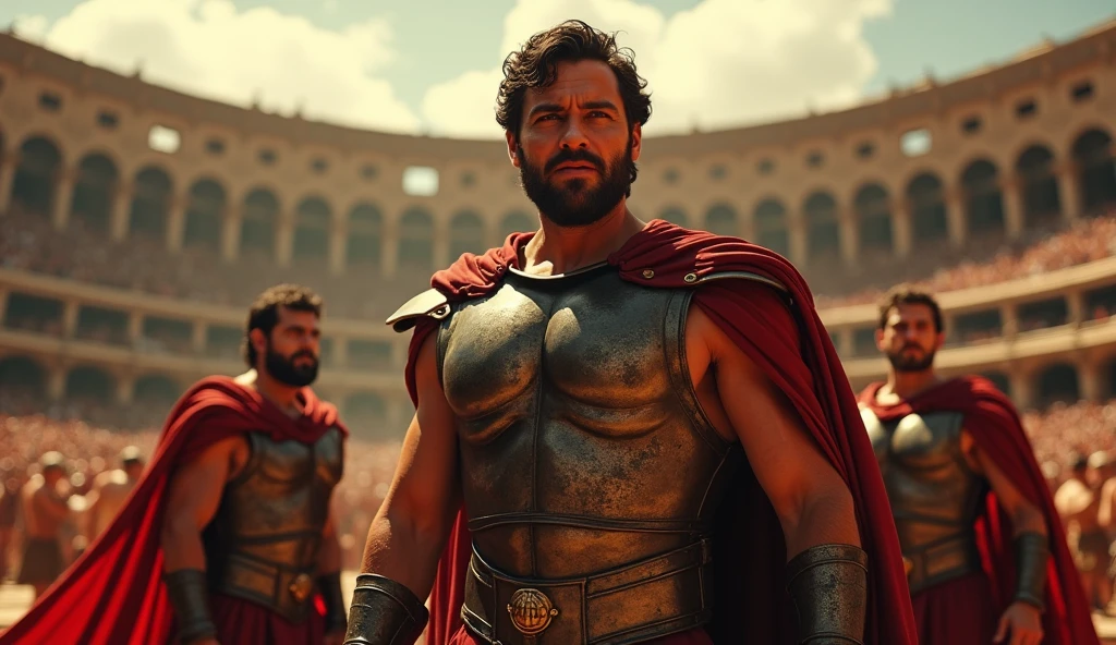 

Create an image of a younger Russell Crowe as the gladiator from the movie "Gladiator," with a lean, youthful face, dark brown beard, and dark hair. He should be standing in the Colosseum arena, looking directly at the camera and making gestures with his mouth as if speaking. Behind him, position four gladiator friends almost leaning against him, all also looking directly at the camera. The background should show a lively audience standing and applauding Russell. The focus should be from his waist up to his head, with the Colosseum’s dramatic and vibrant atmosphere.