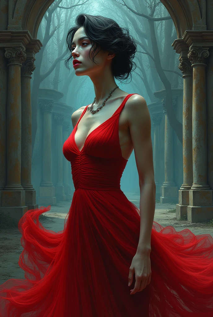 Create an Illustration depicting a woman, 30 years old,  sophisticated, Vibrant, na cor "Blue Fox, a soft and elegant grayish blue", random pose, the scene must simultaneously present an atmosphere7 of darkness and horror, very detailed portrait mixing the fantastic muscular realism of Boris Vallejo, the dark mystery of Luis Royo, Van Gogh&#39;s wavy lines, a tinta de Carne Griffiths, Wadim Kashin, red dress digital painting, Epic setting, Masterpiece artwork, Intricate Art.

