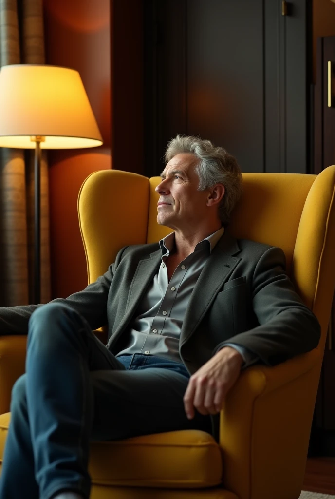 Actor Chris wood sitting in the yellow armchair in the room, evening, floor lamp near