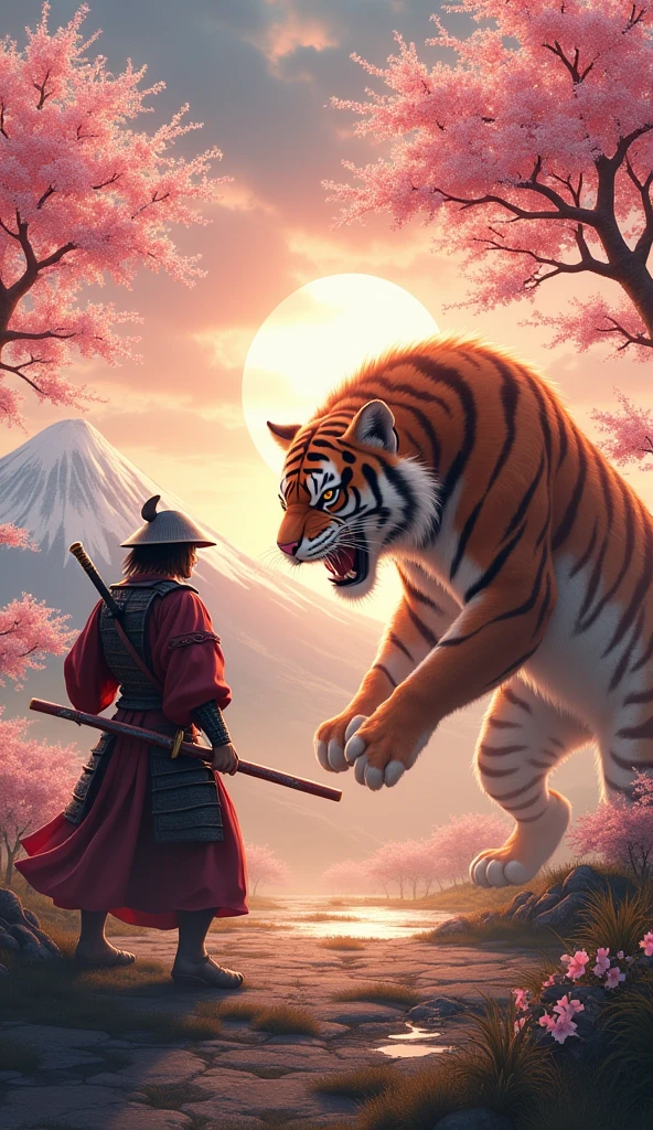 Samurai vs Tiger Man. With sakura trees at sunset with mountains in the background