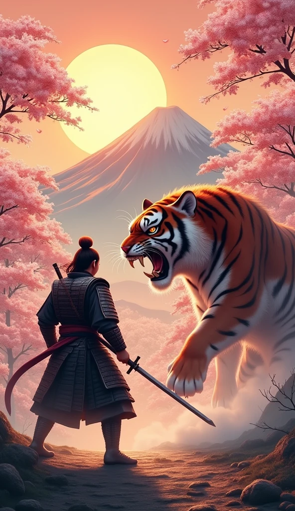 Samurai vs Tiger Man. With sakura trees at sunset with mountains in the background