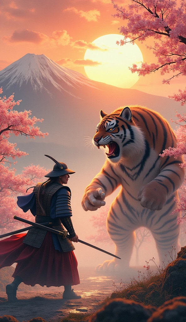 Samurai vs Tiger Man. With sakura trees at sunset with mountains in the background