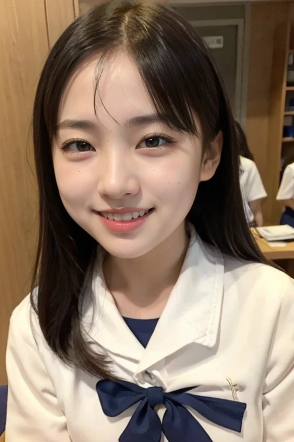 1girl, cute, 16 years old, smiling, look at viewer, sailor uniform, seifuku, photo, realistic, best quality, hires, detailed face, classroom, detailed background, diffused lighting, depth of field, bokeh