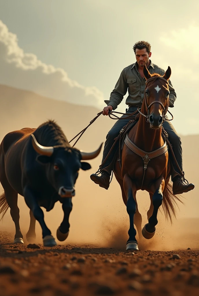 A man on horseback running in front of a bull with blurred background