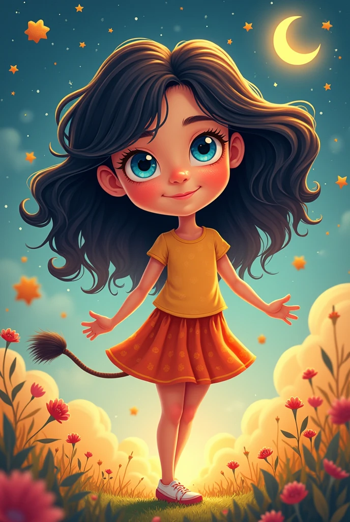 girl with dark hair and blue eyes LEO according to horoscope in cartoon style