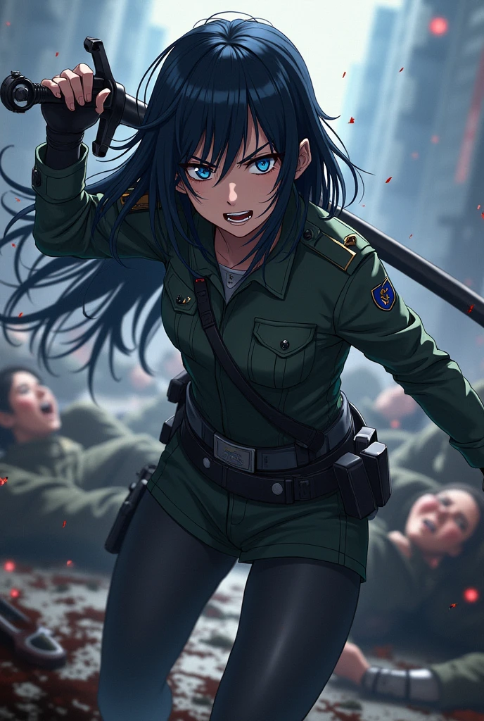 military girl, black hair and blue eyes, anime style, with blood, a sword, with an angry expression, surrounded by corpses