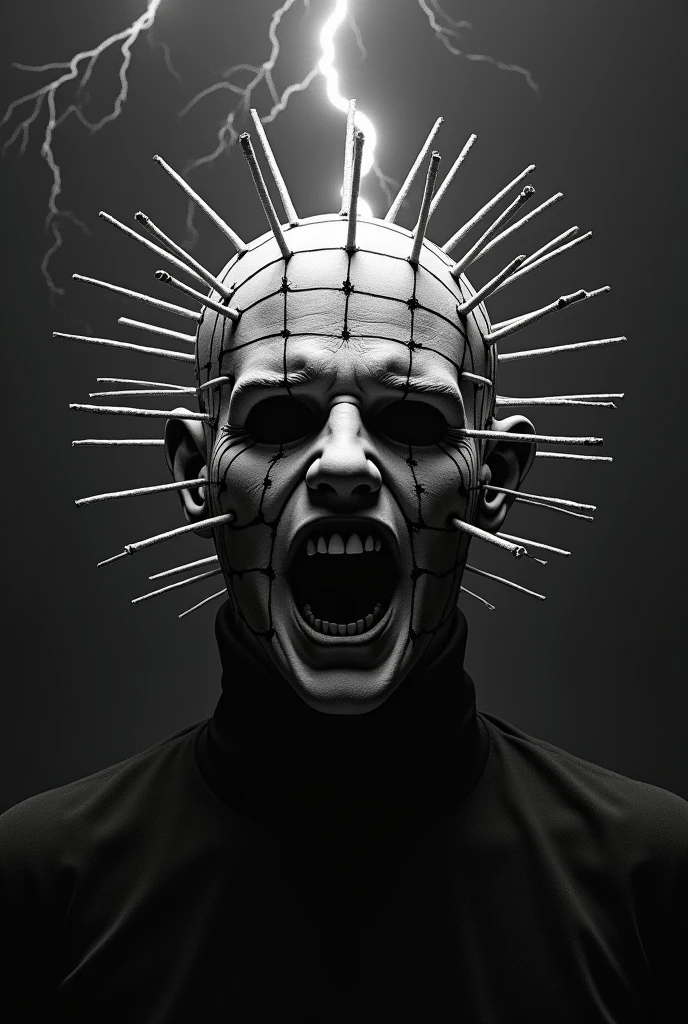 create a black and white 3D Hellraiser image with lightning