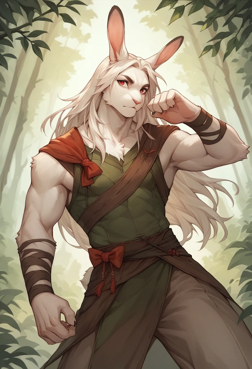 Male bunny, lean and shorter body, white fur, long hair, whole body, pose, red eyes, clothes of a forest archer, bow in hands, quiver of arrows