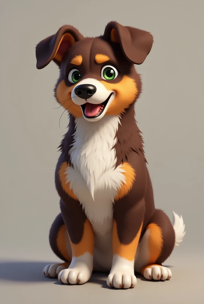 Draw a short-haired mongrel dog, chocolate brown, with white chest and green eyes. The hair has to be short
