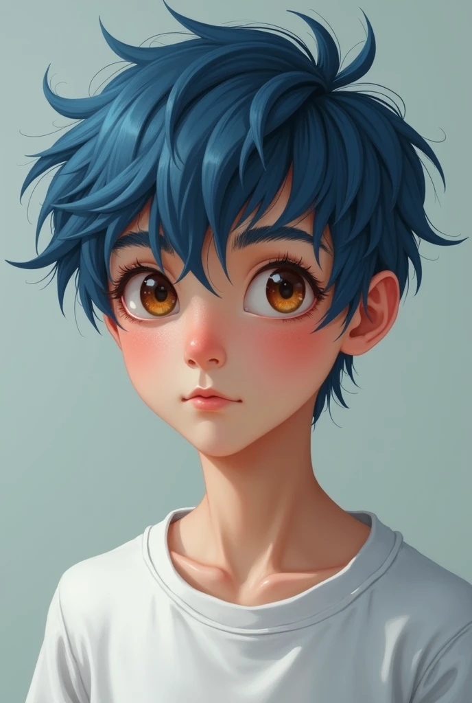 realistic 14 year old boy with blue hair and brown eyes wearing white shirt