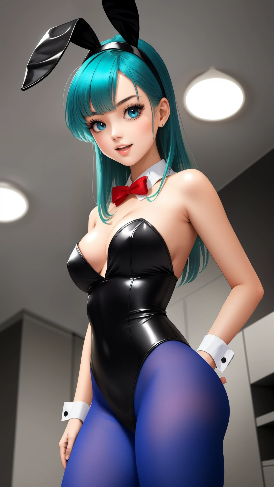 Bulma, 1 girl, standing alone, blue colored eyes, hair blue, aqua hair, long hair, bangss, slickedback hair, 
Playboy Bunny, collant preto, Strapless leotard, neckleace, bared shoulders, pantyhose purple, Red bow tie, wrist cuffs, bunny ears, bunny tail, 
ssmile,cloused mouth,cowboy shot,
forst,open air,
(insanely detaileda, beautifull detailed face, work of art, best qualityer) cinematic lighting,