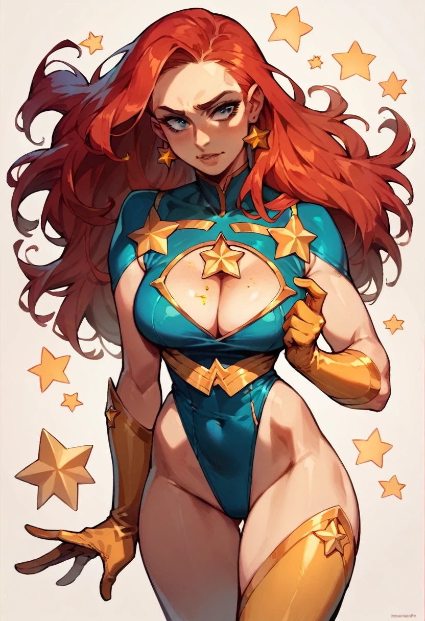 masterpiece, Sexy, Superheroine, Red hair, long hair, busty, ((blue highleg leotard with a t-back thong and a gold star insignia on chest)), gold boots, gold gloves, ((Cleavage Cutout))