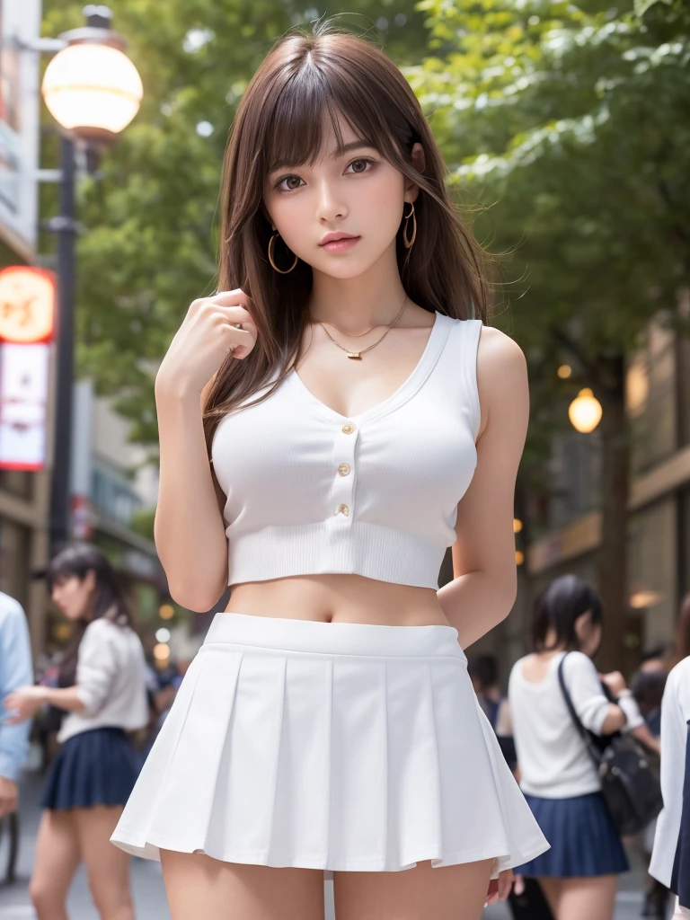 Product quality,1 girl,Cowboy Shot,Front view,Young and sexy Japanese girl,20-year-old,Harajuku,(Crowded street:1.4),Stylish blue shirt,wear,Fashionable bags,Fashionable necklaces,Fashionable earrings,((White super short micro mini skirt:1.5)),wear,Very cute face,Glossy Lips,Double eyelids on both eyes,(Natural Makeup),shiny smooth light brown long hair,,,Asymmetrical bangs,Center image,8k resolution,Attention to detail,Detailed hairstyle,Detailed face,Cinema Lighting,Octane Rendering,Ultra-realistic,Perfect limbs,(Detailed fingers:1.5),Beautiful legs,Voluptuous thighs,Huge breasts,Perfect Anatomy,(Model pose:1.3)