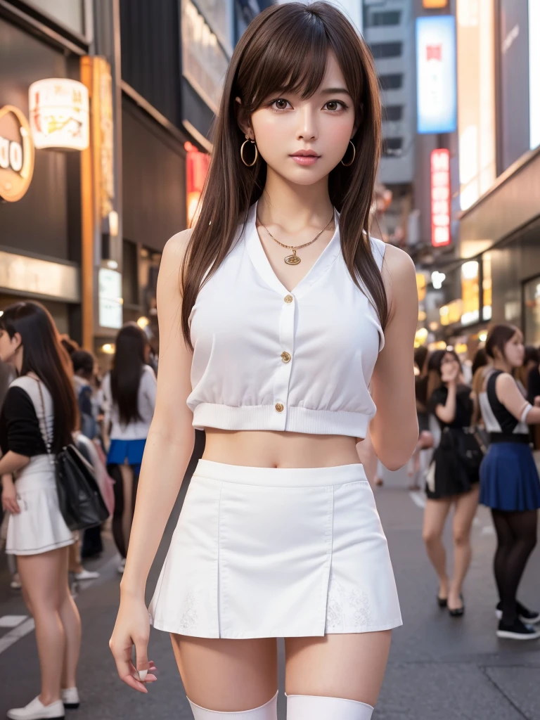 Product quality,1 girl,Cowboy Shot,Front view,Young and sexy Japanese girl,20-year-old,Harajuku,(Crowded street:1.4),Stylish blue shirt,wear,Fashionable bags,Fashionable necklaces,Fashionable earrings,((White super short micro mini skirt:1.5)),wear,Very cute face,Glossy Lips,Double eyelids on both eyes,(Natural Makeup),shiny smooth light brown long hair,,,Asymmetrical bangs,Center image,8k resolution,Attention to detail,Detailed hairstyle,Detailed face,Cinema Lighting,Octane Rendering,Ultra-realistic,Perfect limbs,(Detailed fingers:1.5),Beautiful legs,Voluptuous thighs,Huge breasts,Perfect Anatomy,(Model pose:1.3)
