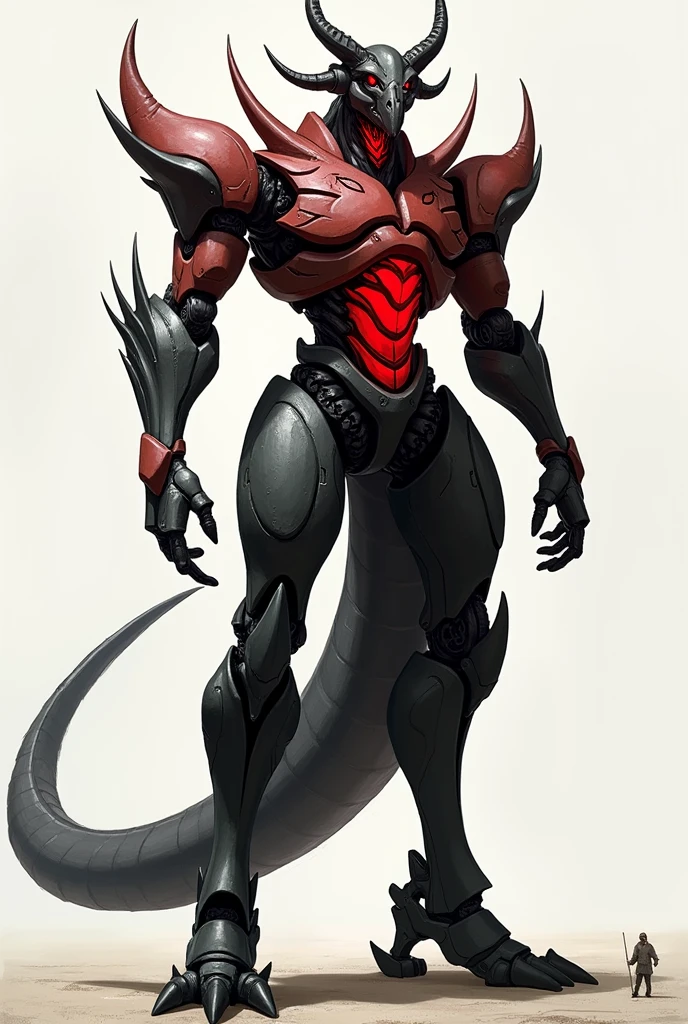 Generates a giant humanoid robot, which has a red core in the chest, be red with black legs and have a long black tail that has 2 horns around the chest and that its head looks like a horn but not the same I WANT HORNS REMEMBER I need horns, horns, horns, and lots of horns and make it a little organic, As if it were a robot fused with a MORE ORGANIC human, take off some of the armor and replace it with organic material, like reptile skin and armor make it lighter remove some armor and change it to reptile skin
