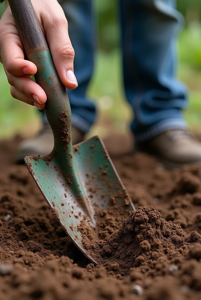 Soil sampling with a shovel making a V-shaped cavity and taking it to one side by pushing it with the foot