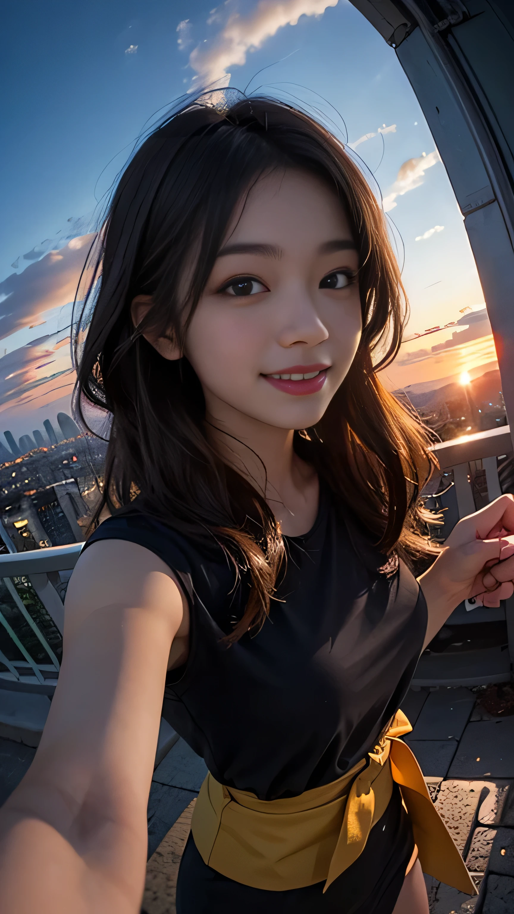 One girl, Korean, Fisheye Lens, Selfie, Wind, Messy Hair, sunset, Cityscape, (Aesthetics and atmosphere:1.2),smile