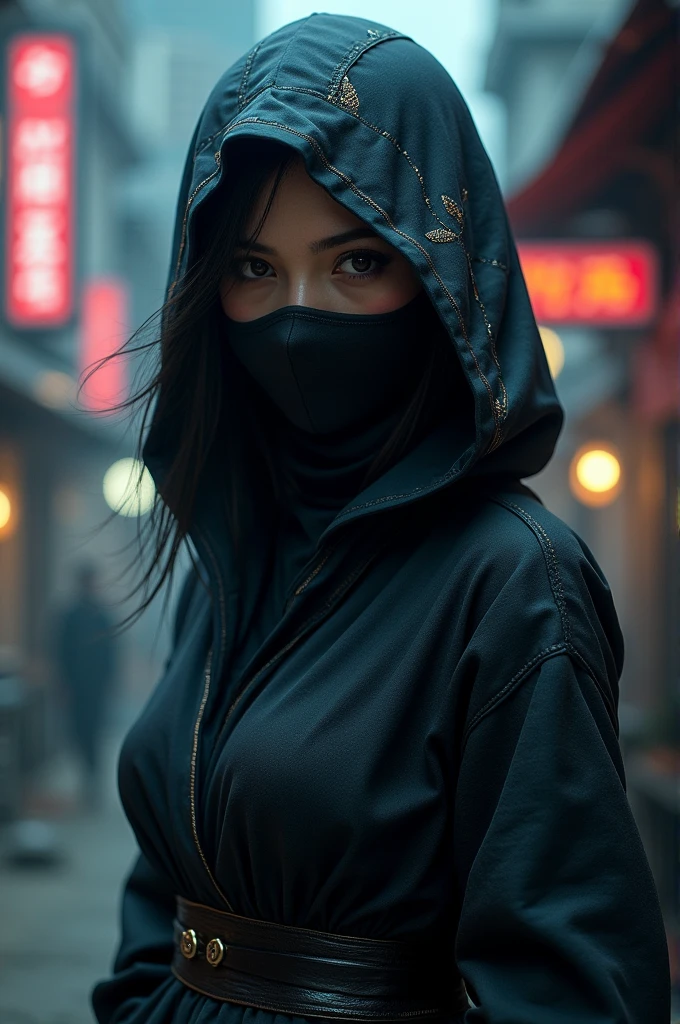 Create an image based on the dragon ball z character chchi only that she must be dressed up like a ninja with a hood