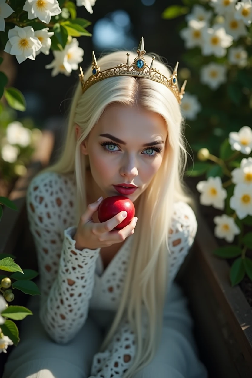 a woman with long white hair and blue eyes posing for a picture, beautiful fairy princess, very beautiful fairy top model, ethereal beauty, beautiful and elegant fairy queen with crown and red apple she is biting, fairy princess, blonde empress, princess, ice princess, ethereal fairytale, ethereal fantasy, ice queen, queen galadriel, fantasy gorgeous lighting