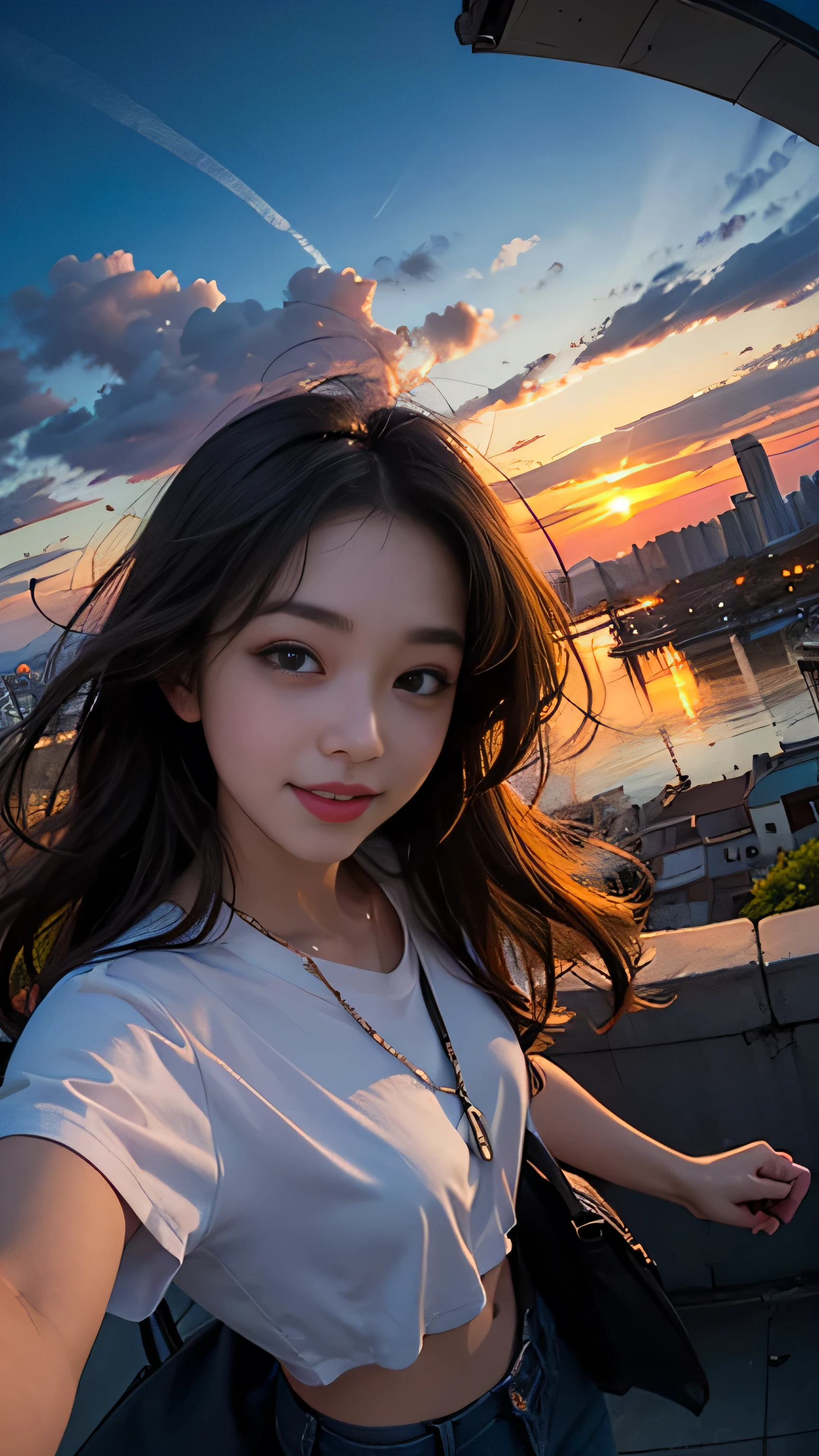 One girl, Korean, Fisheye Lens, Selfie, Wind, Messy Hair, sunset, Cityscape, (Aesthetics and atmosphere:1.2),smile
