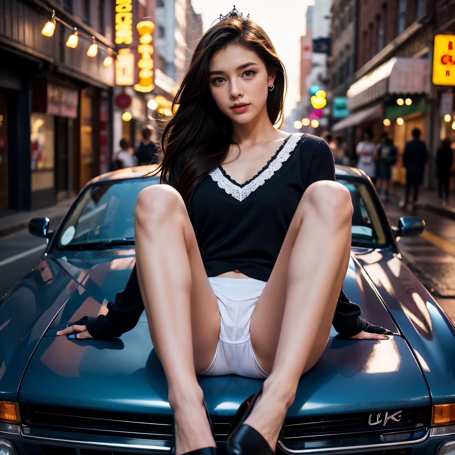 SFW, (Closeup from Ass to Face) ExtremelyDetailed (SchoolGirl Lying back on Car) Spread Legs Up, perfect face, Brilliant(Tiny Crown), Detailed(Delicate Clothing textures), SailorUniform with Red Ribbon, (((WhitePanties))), Perfect Hand with 4fingers and one thumb, Corrected Childish fingers, corrected leg to foot line, ((Starry Colorful Lights at Dusk City Street))((Specular Reflection:1.28) of Cars), ((Hidden Arm) Hidden Sole) Red[High-Heels], TopQuality 8K Ultra-detailed masterpiece(ProfessionalPhoto:1.37)(Acutance:0.8)