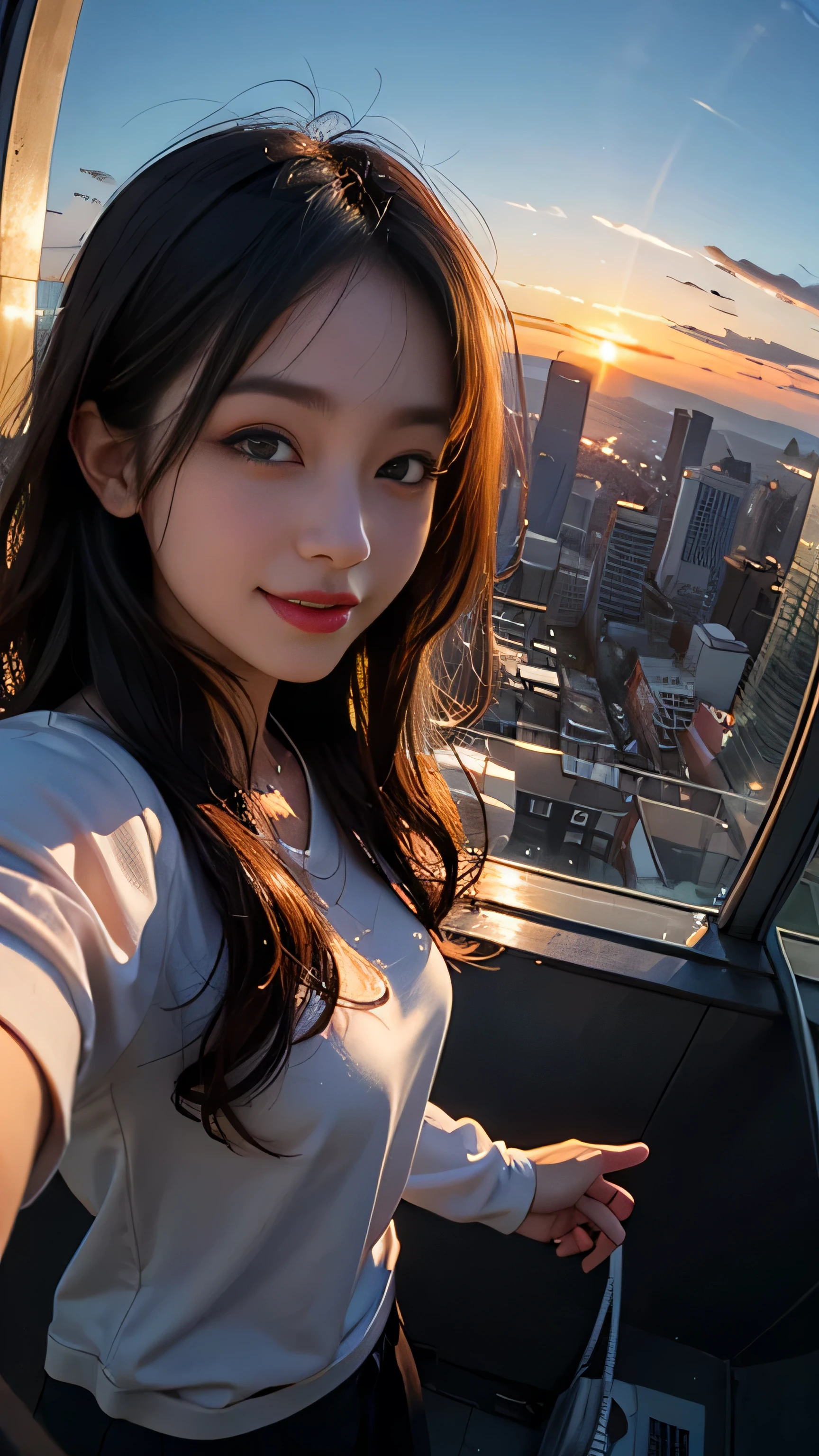One girl, Korean, Fisheye Lens, Selfie, Wind, Messy Hair, sunset, Cityscape, (Aesthetics and atmosphere:1.2),smile