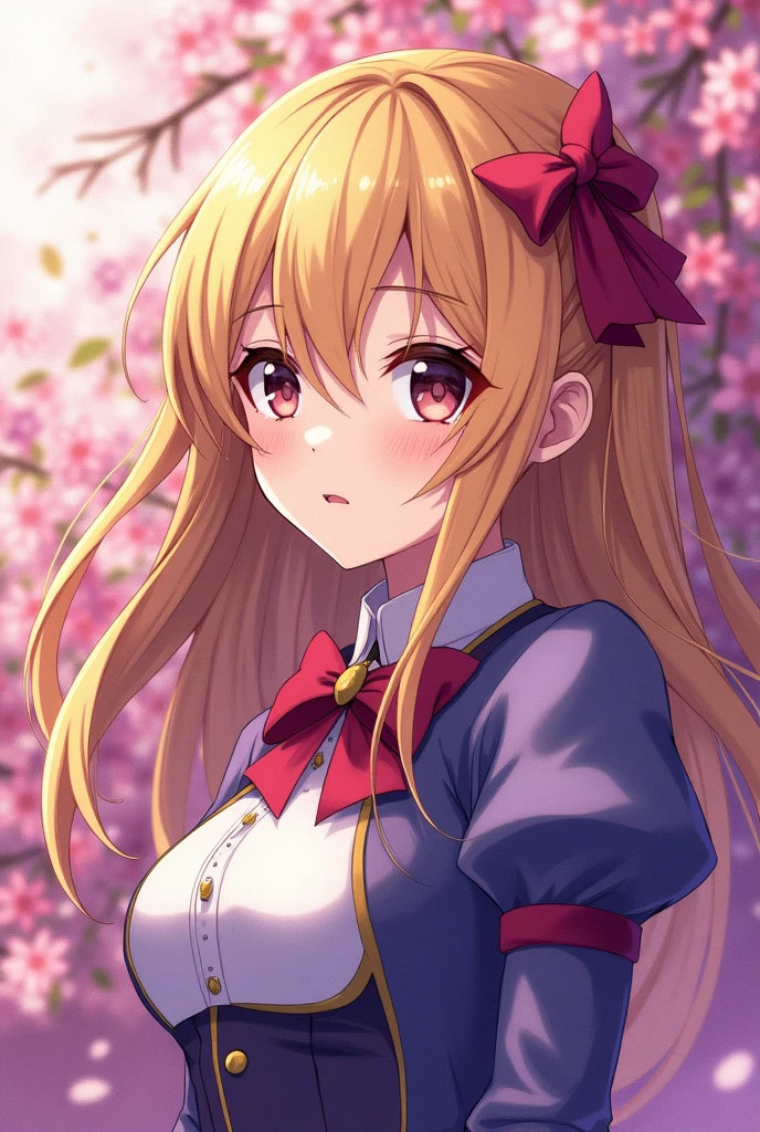 Female character Violette Evergarden on a flowery and bright background but painted with the colors that a colorblind person sees