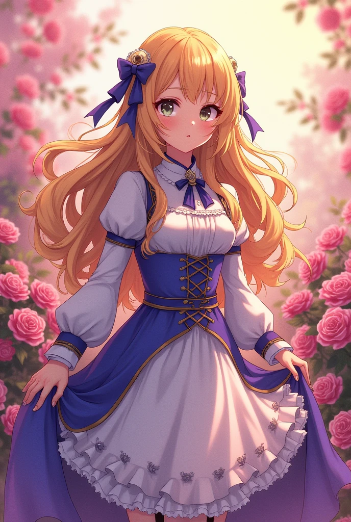 Female character Violette Evergarden on a flowery and bright background but painted with the colors that a colorblind person sees