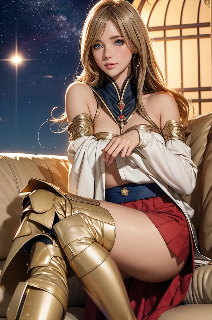 {{{Browsing Caution:1.5}}}, {{{nude:1.5}}}, Highest quality、Best image quality、In 8K,4K,masterpiece、Very detailed、beautiful、super high quality、beautiful女の子,Look forward:1.5,Five Fingers,Shrine maiden, {{{Sit on the living room couch with your knees raised:1.5, Spread your legs:1.4}}},{{{Skirt flip:1.5, Showing off caged panties:1.4,Camel Toe:1.25}}},blonde, blue eyes, Long Hair, Hair between the eyes,Grab the magic wand,smile,Knee-high boots, dress, Frills袖, Frills, have, High heels, Thigh-high boots, White thighs, Long sleeve, Puff sleeves,Hair blowing in the wind、Starry Sky,Mysterious Space,(Sitting on a big rock),{Fold your hands behind your body:1.5},Fudge Breast:1.5,